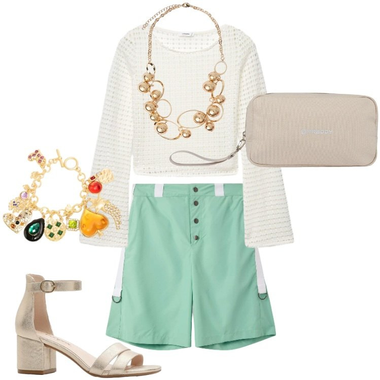 Outfit donna - In bermuda. Stile Glamour per Tutti i giorni. Abbinamento con sandali col tacco, bermuda, maglieria, braccialetti con ciondoli, valigie, collane.