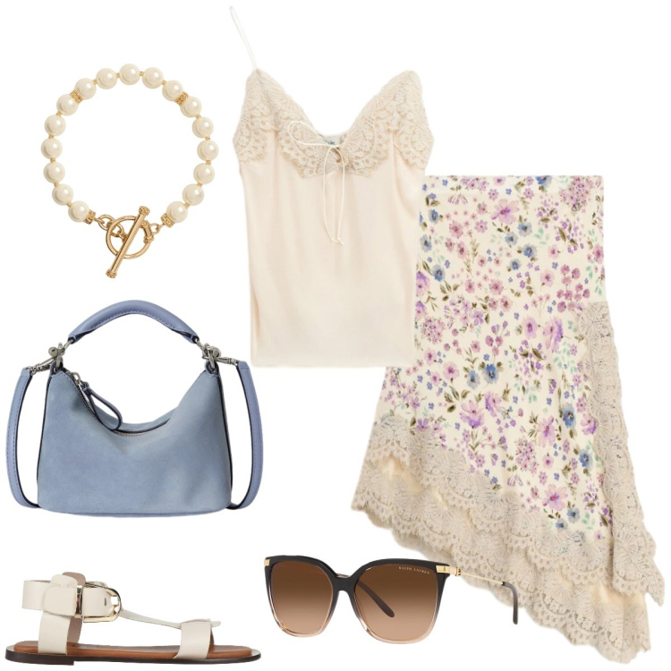 Outfit donna - Tempo libero. Stile Boho per Tutti i giorni. Abbinamento con sandali alla schiava, gonne longuette, top, occhiali da sole, collane, borse a spalla.