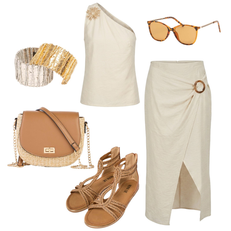 Outfit donna - Sandali da mattina a sera. Stile Casual chic per Tutti i giorni. Abbinamento con borse a tracolla, sandali in pelle, top, gonne longuette, braccialetti, occhiali da sole.