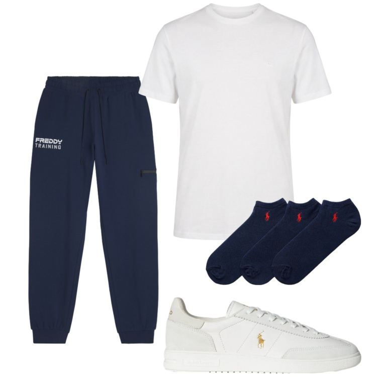 Outfit uomo - Basic. Stile Casual per Tutti i giorni. Abbinamento con t-shirt, pantaloni sportivi, calzini, sneakers.