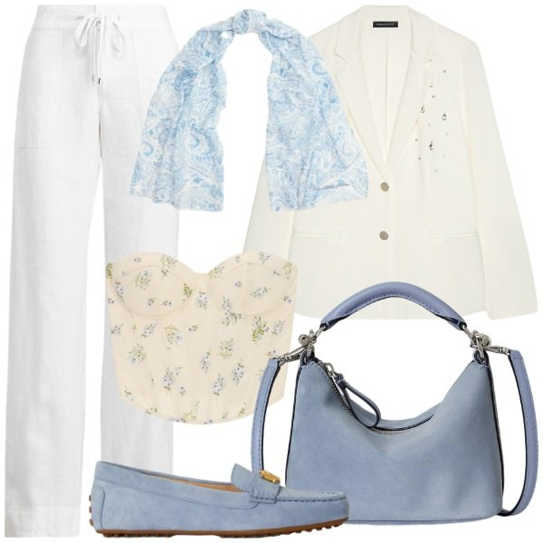 Outfit donna - L\'eleganza delle estati italiane. Stile Glamour per Tutti i giorni. Abbinamento con top, blazer, pantaloni, mocassini, foulard, borse a spalla.