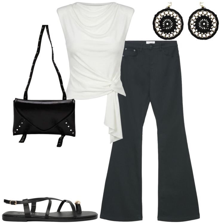 Outfit donna - Giugno. Stile Casual chic per Serata fuori. Abbinamento con jeans a zampa, sandali, top, borse a tracolla, orecchini.