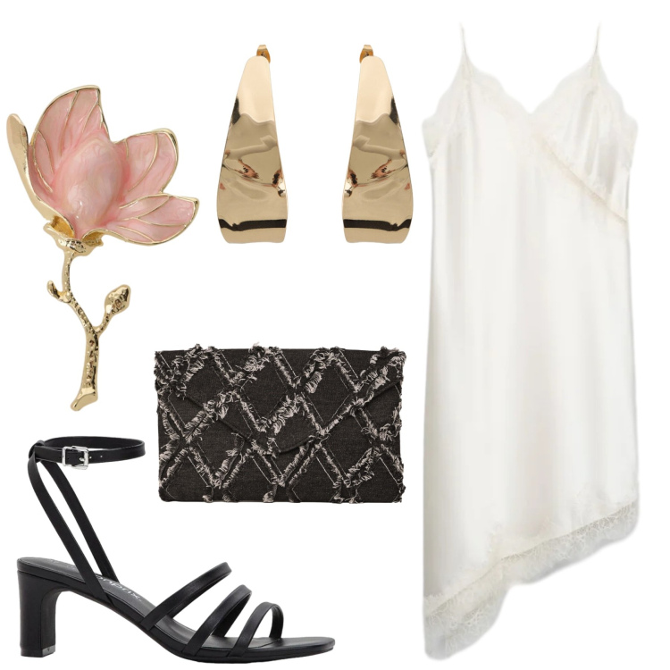 Outfit donna - Total look #2418529. Stile Glamour per Serata fuori. Abbinamento con sandali col tacco, vestiti asimmetrici, clutch, orecchini, blazer.