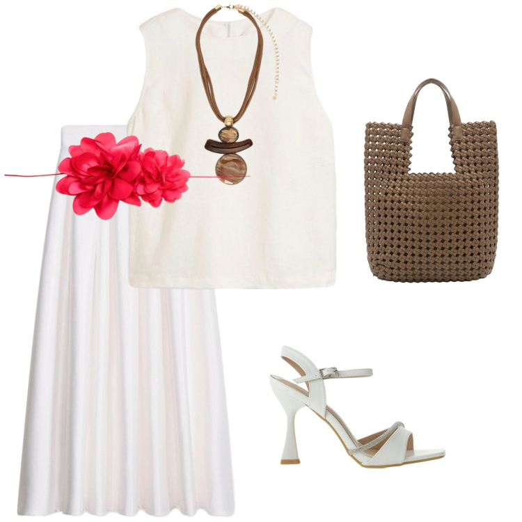 Outfit donna - Total White. per Tutti i giorni. Abbinamento con gonne lunghe, canottiere, sandali gioiello, borse tote, cinture, ciondoli.