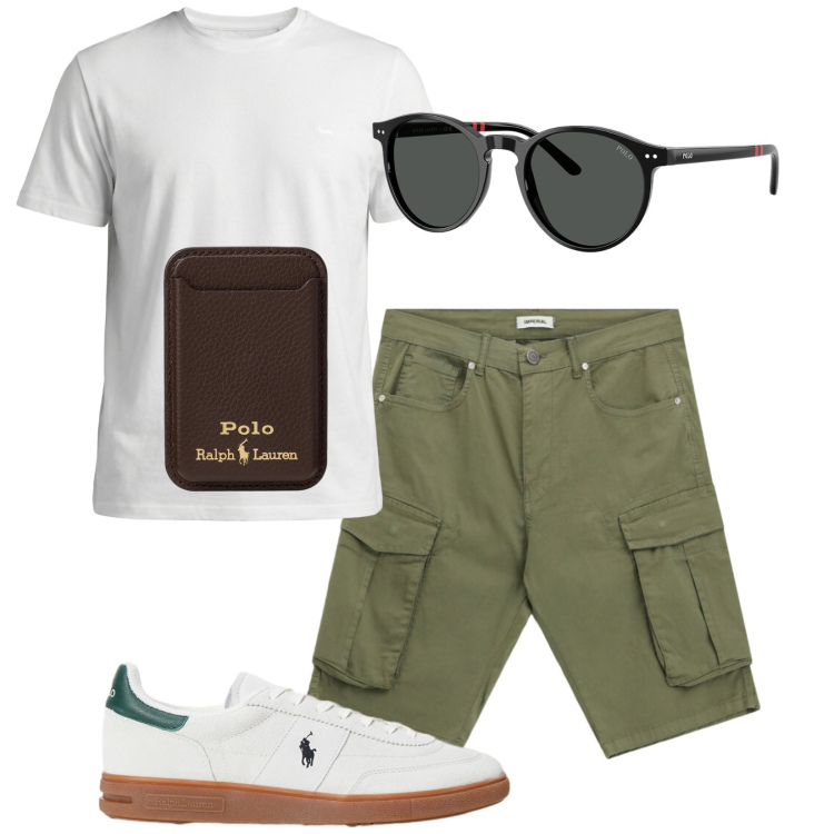 Outfit uomo - Informale con stile. Stile Trendy per Tutti i giorni. Abbinamento con bermuda, t-shirt, occhiali da sole, portafogli, sneakers.