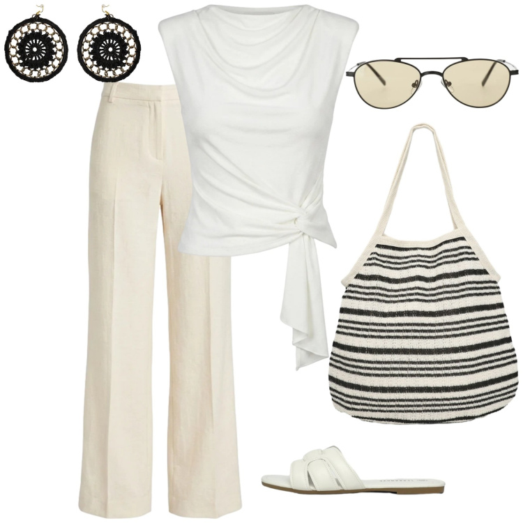 Outfit donna - Total White. per Tutti i giorni. Abbinamento con shopping bag, ciabatte, occhiali da sole, pantaloni, top, orecchini.