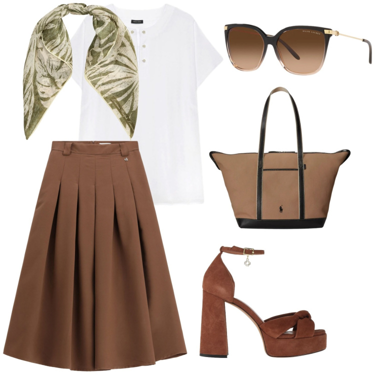 Outfit donna - Sandali. per Ufficio. Abbinamento con sandali in pelle, gonne longuette, t-shirt, occhiali da sole, foulard, borse tote.