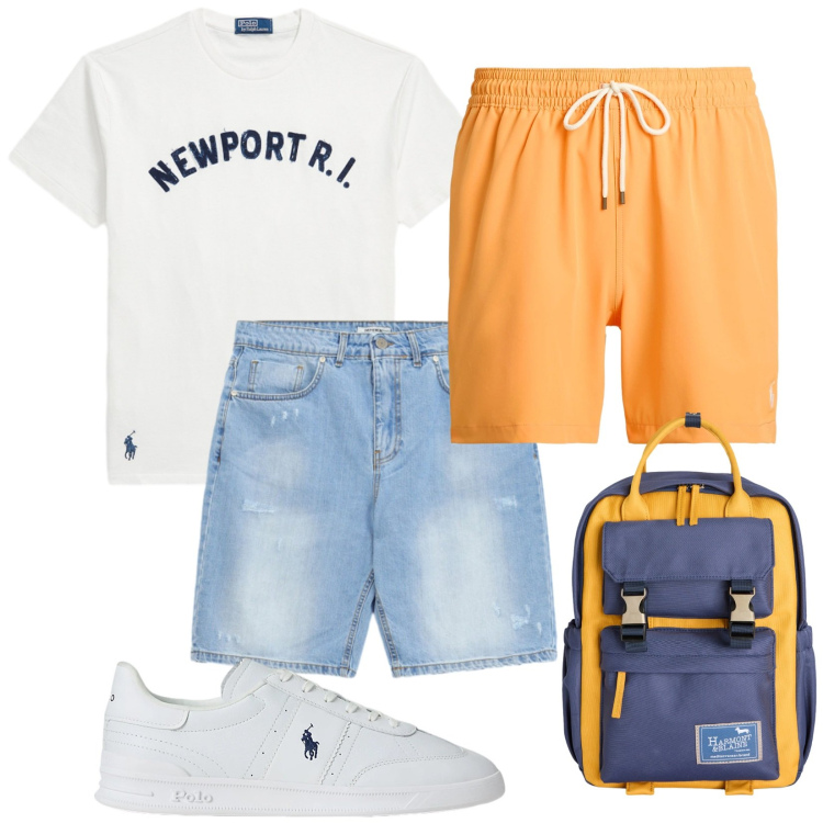 Outfit uomo - Total look #2418542. Stile Casual per Mare. Abbinamento con bermuda, borse sportive, sneakers, t-shirt, costumi.