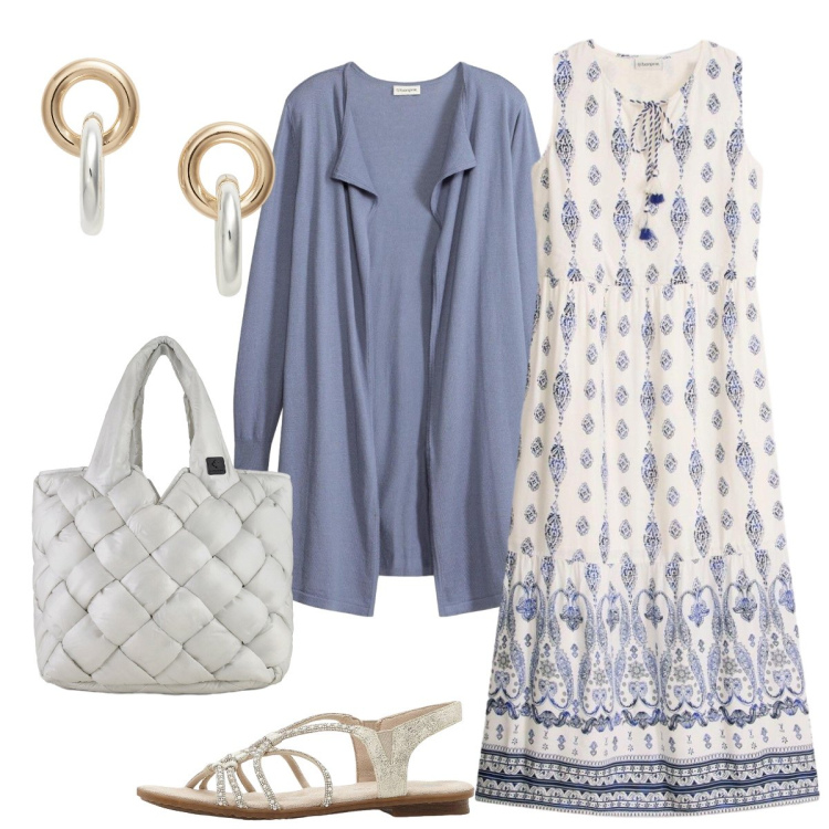 Outfit donna - Abito stile provenzale. Stile Etnico per Tutti i giorni. Abbinamento con vestiti lunghi, cardigans, sandali, orecchini, borse tote.