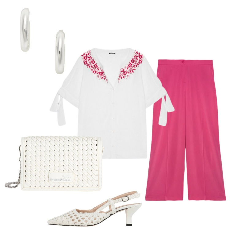 Outfit donna - Bianco e fuxia. Stile Glamour per Serata fuori. Abbinamento con décolleté, borse a tracolla, pantaloni a palazzo, bluse, orecchini.