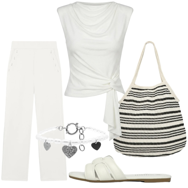Outfit donna - Total white di giugno. Stile Trendy per Tutti i giorni. Abbinamento con ciabatte, shopping bag, top, braccialetti, pantaloni.
