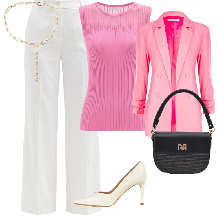 Outfit donna - Eleganza. per Ufficio. Abbinamento con pantaloni, top, blazer, borse a spalla, cinture, décolleté.