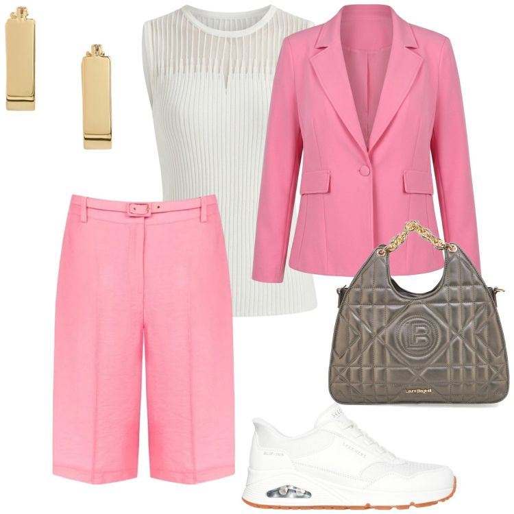Outfit donna - Eleganza in rosa. per Ufficio. Abbinamento con bermuda, canottiere, blazer, orecchini, sneakers, borse a mano.