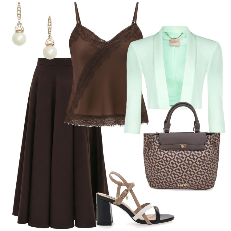 Outfit donna - Eleganza a lavoro. per Ufficio. Abbinamento con bolero, canottiere, gonne longuette, orecchini, sandali col tacco, borse a mano.