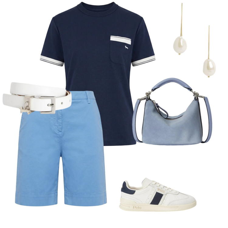 Outfit donna - A mare. per Mare. Abbinamento con t-shirt, bermuda, cinture, sneakers, borse a spalla, orecchini.