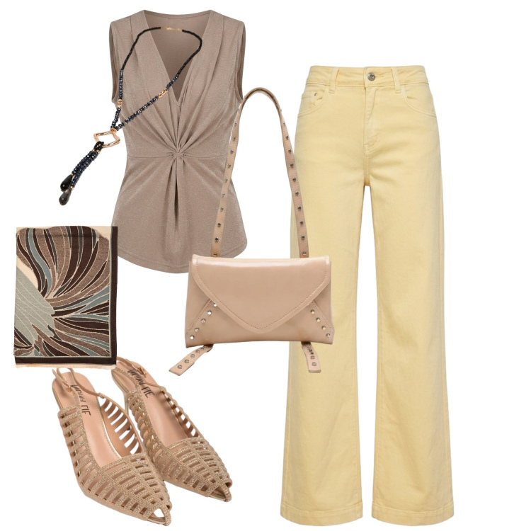 Outfit donna - City. Stile Urban per Tutti i giorni. Abbinamento con top, scarpe col tacco, borse a tracolla, pantaloni, sciarpe, collane.