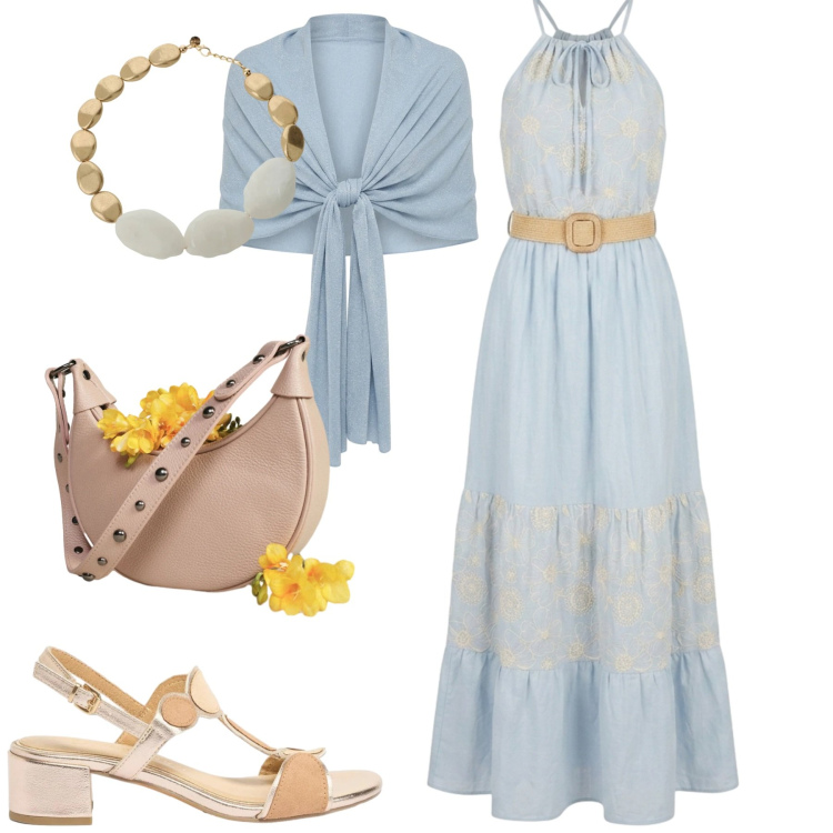 Outfit donna - Serata. Stile Romantica per Serata fuori. Abbinamento con sandali col tacco, stole, vestiti lunghi, borse a spalla, collane.
