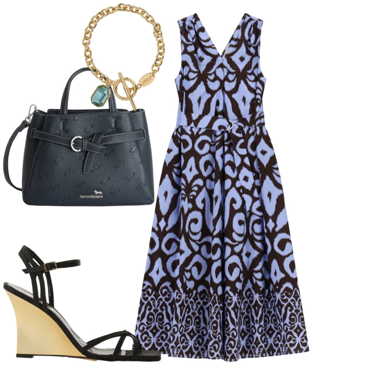 Outfit donna - Summertime. Stile Urban per Tutti i giorni. Abbinamento con borse a mano, sandali col tacco, vestiti midi/longuette, braccialetti.