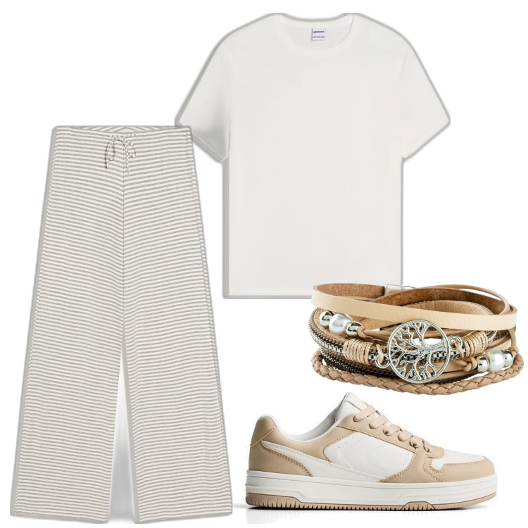 Outfit mujer - Casual look. Estilo Casual para Todos los días. Combinación con pulseras, camiseta, pantalones, sneakers.