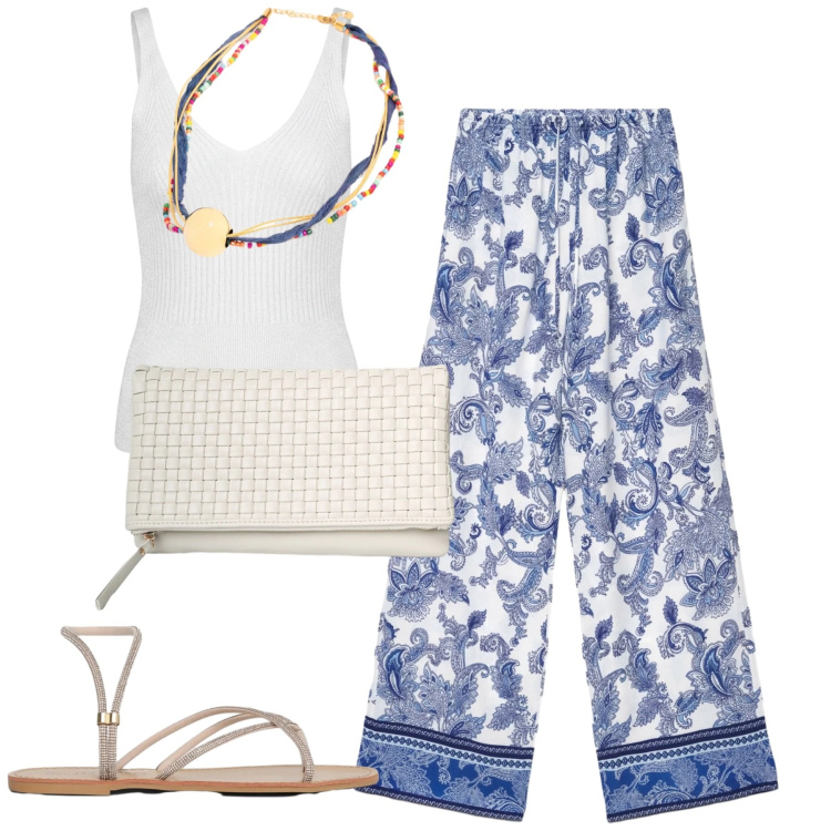 Outfit donna - Giugno. Stile Casual per Tutti i giorni. Abbinamento con pantaloni, sandali, clutch, canottiere, collane.