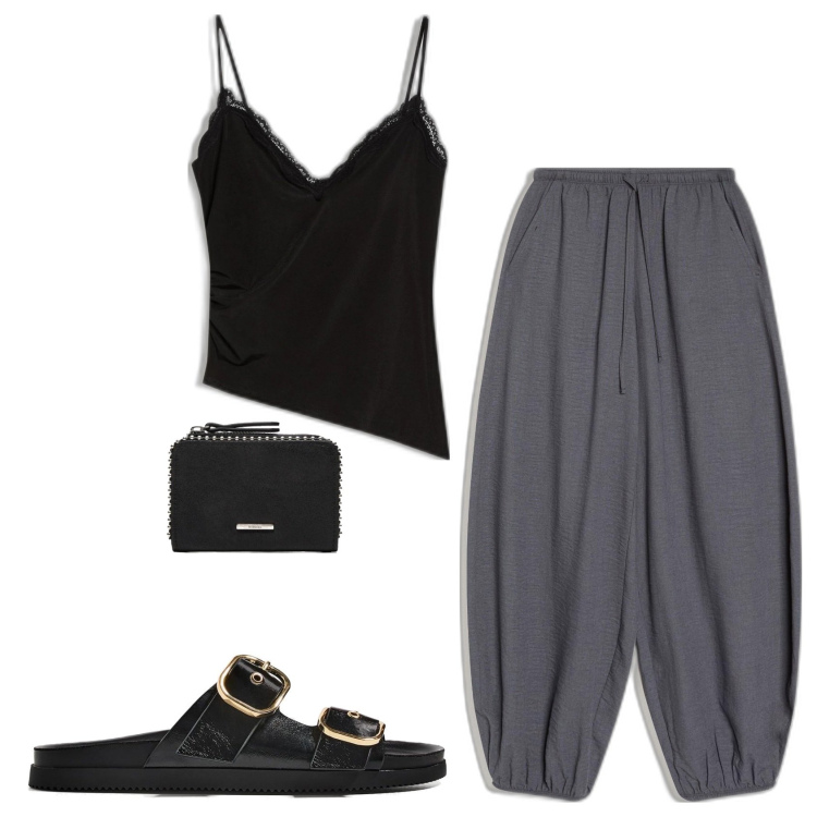 Outfit mujer - Casual look. Estilo Casual para Todos los días. Combinación con pantalones, top, sandalias, monederos.