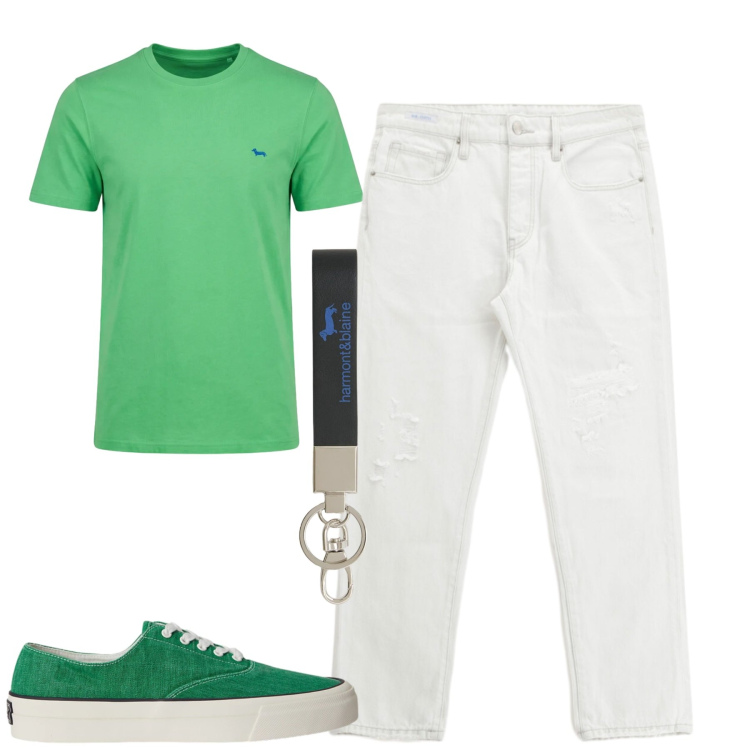 Outfit uomo - City. Stile Casual per Tutti i giorni. Abbinamento con jeans dritti, portachiavi, t-shirt, sneakers.