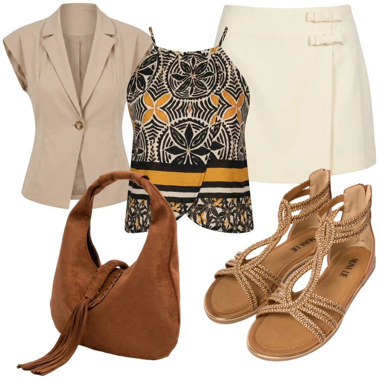Outfit donna - I colori della terra.. Stile Glamour per Tutti i giorni. Abbinamento con sandali in pelle, canottiere, blazer, minigonne, borse a spalla.