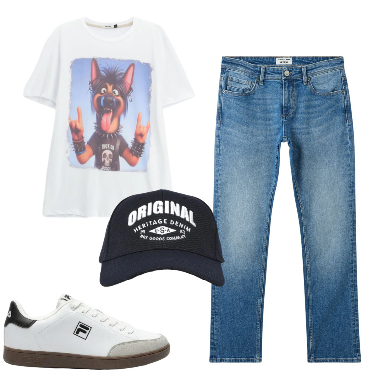 Outfit uomo - Total look #2418567. Stile Casual per Tutti i giorni. Abbinamento con sneakers, jeans, cappelli con visiera, t-shirt.