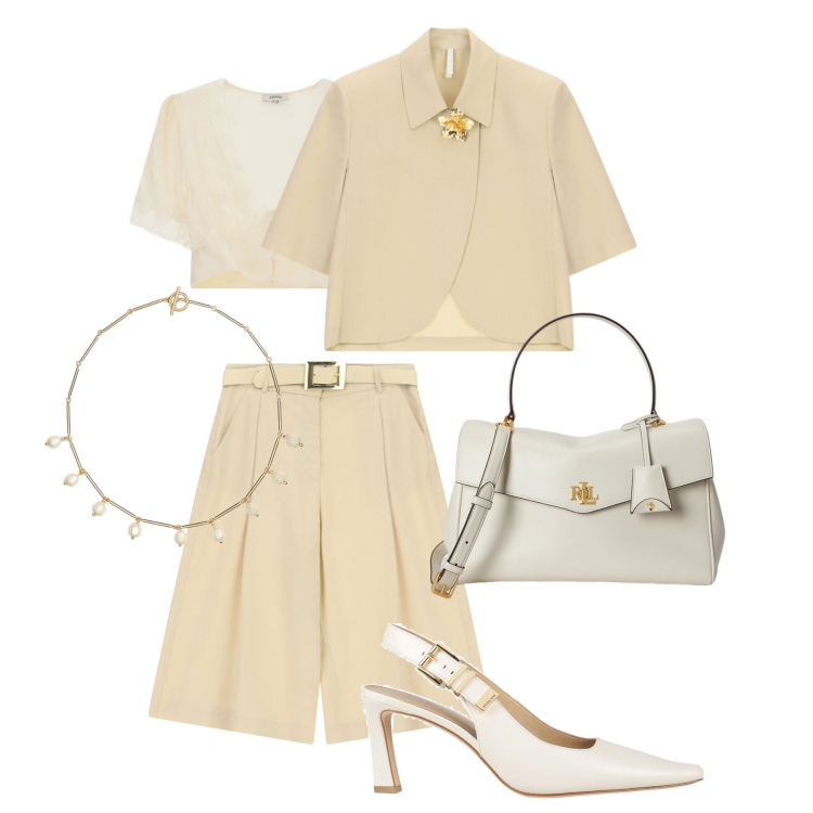 Outfit donna - Bermuda chic. Stile Glamour per Serata fuori. Abbinamento con décolleté, blazer, bermuda, borse a mano, collane, top.