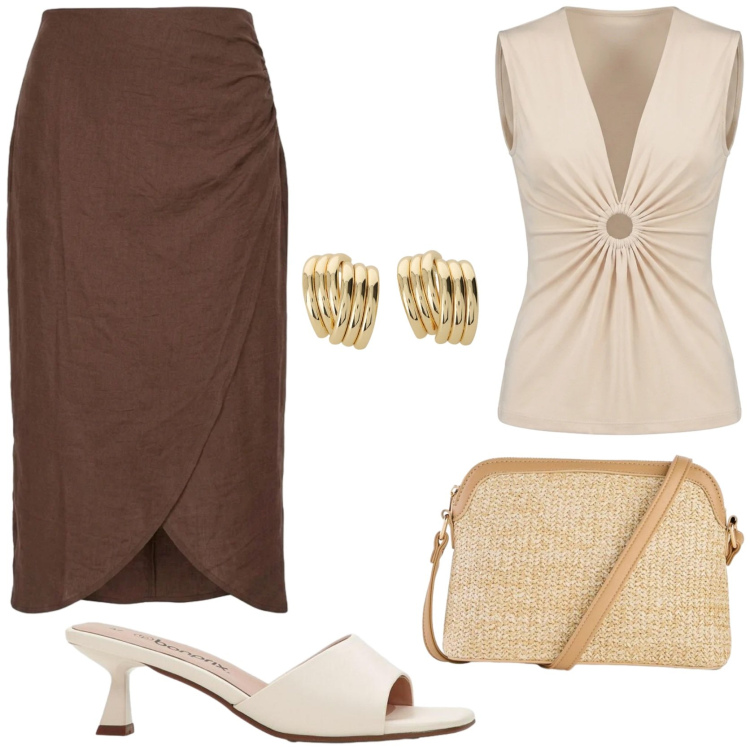 Outfit donna - Serata fuori. Stile Chic per Serata fuori. Abbinamento con borse a tracolla, ciabatte, top, gonne longuette, orecchini.