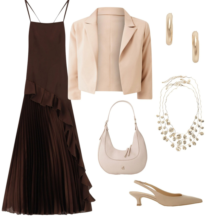 Outfit donna - Cerimonia. Stile Chic per Cerimonia. Abbinamento con blazer, borse a tracolla, décolleté, collane, vestiti lunghi, orecchini.