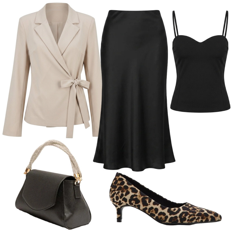 Outfit donna - La giacca col fiocco. Stile Chic per Serata fuori. Abbinamento con décolleté, blazer, borse a mano, top, gonne longuette.