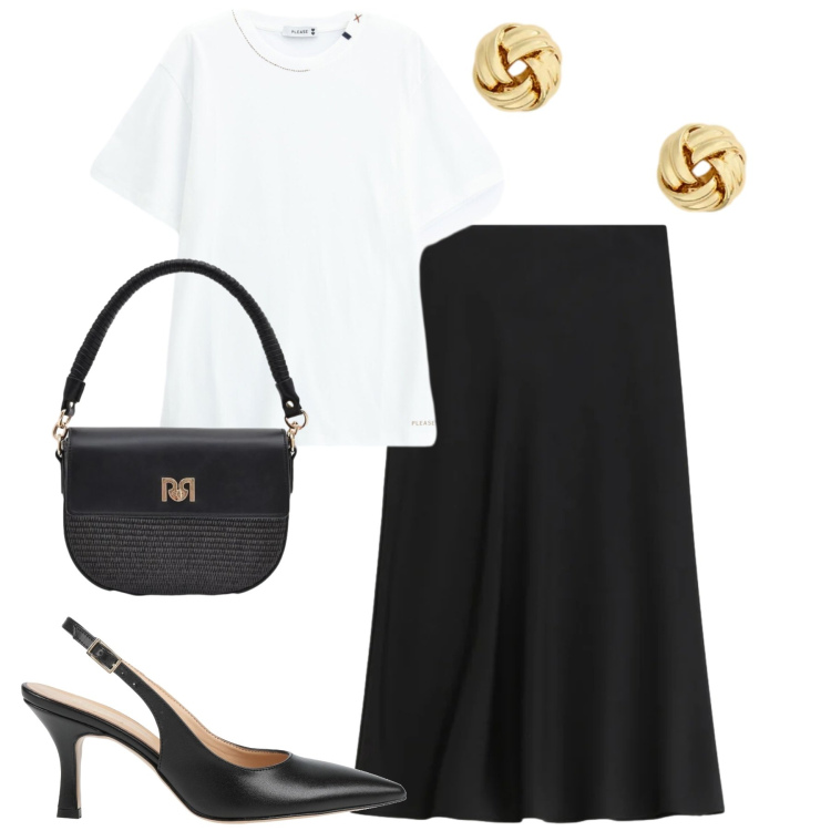 Outfit donna - Simply chic. Stile Chic per Tutti i giorni. Abbinamento con décolleté, borse a spalla, gonne longuette, t-shirt, orecchini.