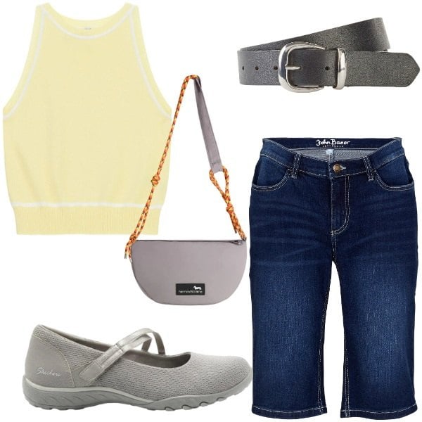 Outfit donna - bermuda in jeans. Stile Preppy per Tutti i giorni. Abbinamento con bermuda, ballerine, cinture, borse a tracolla, top.