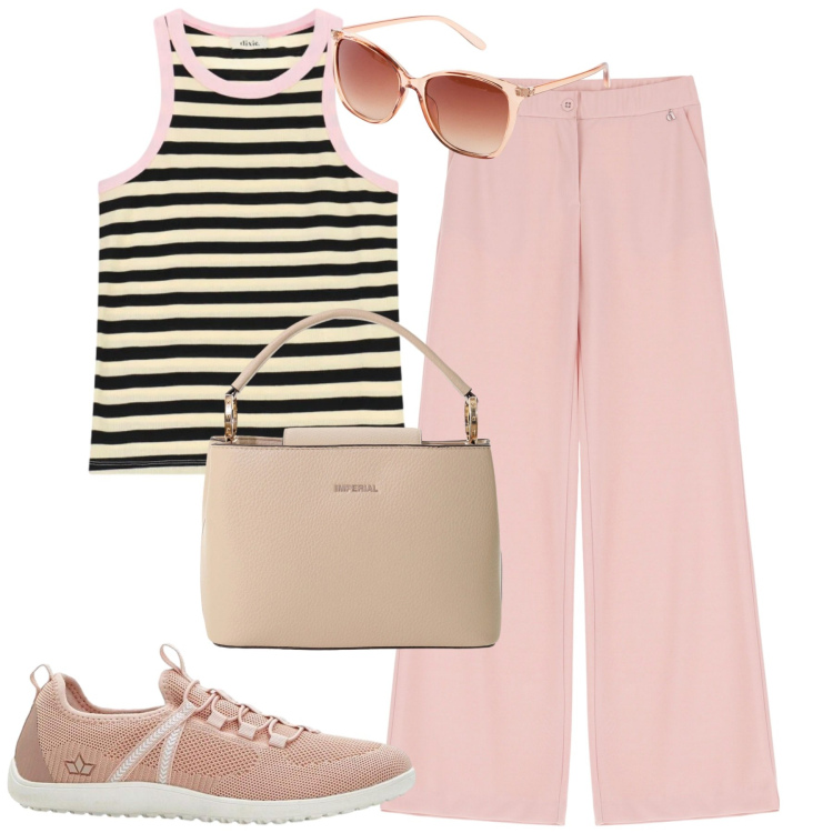 Outfit donna - Summer. Stile Casual chic per Tutti i giorni. Abbinamento con occhiali da sole, sneakers, borse a secchiello, pantaloni, top.