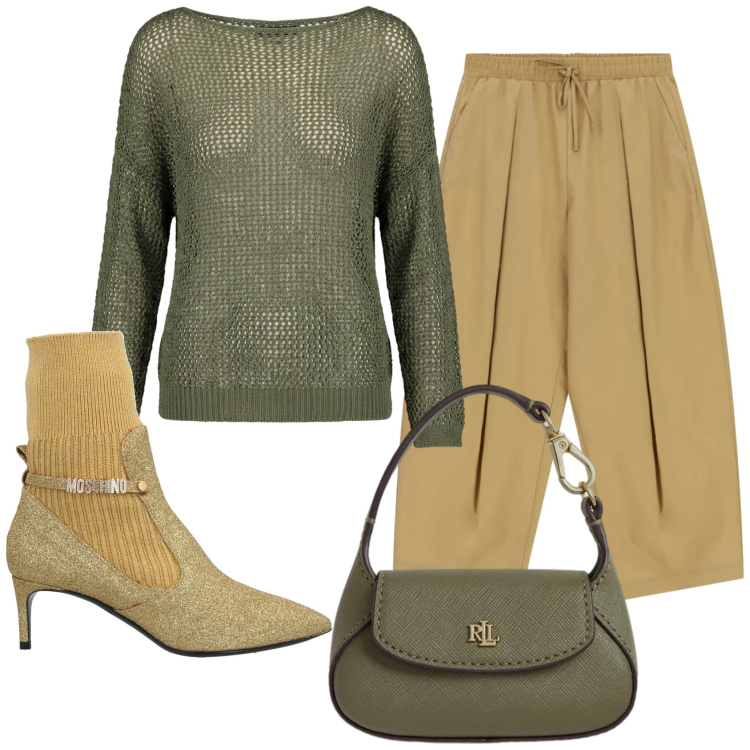 Outfit donna - Total look #2418602. Stile Basic per Ufficio. Abbinamento con stivaletti, pantaloni a palazzo, maglieria, borse a mano.