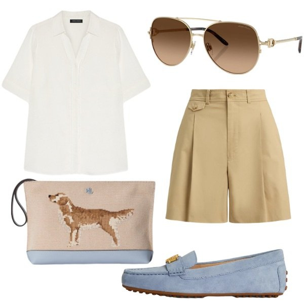 Outfit donna - Look da barca. Stile Chic per Tutti i giorni. Abbinamento con camicie a manica corta, occhiali da sole, pochette, bermuda, mocassini.