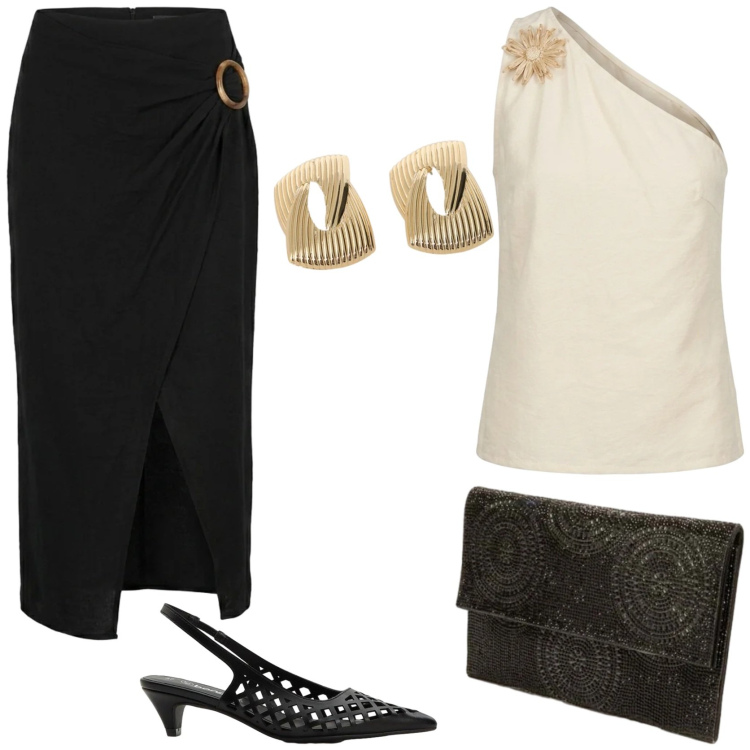 Outfit donna - La gonna con drappeggio. Stile Chic per Serata fuori. Abbinamento con décolleté, clutch, gonne longuette, top, orecchini.