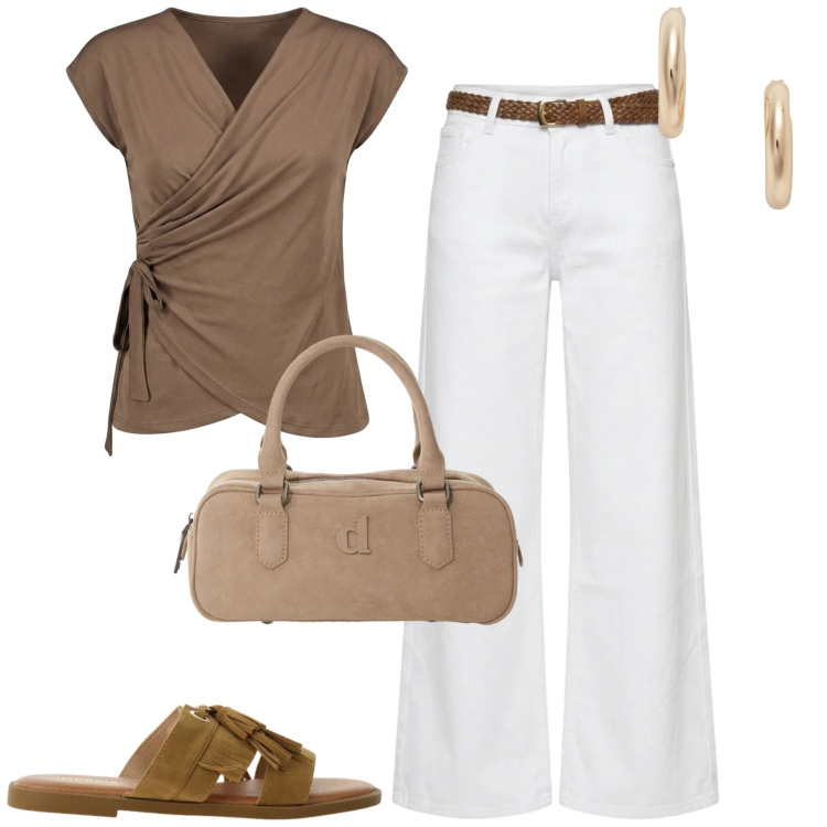 Outfit donna - City. Stile Casual chic per Tutti i giorni. Abbinamento con sandali, t-shirt, pantaloni, cappotti, orecchini.