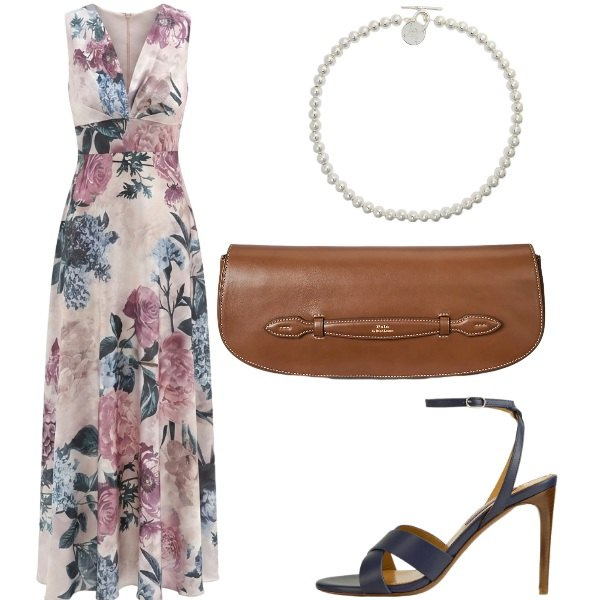 Outfit donna - abito floreale. Stile Chic per Serata fuori. Abbinamento con vestiti lunghi, collane, clutch, sandali col tacco.