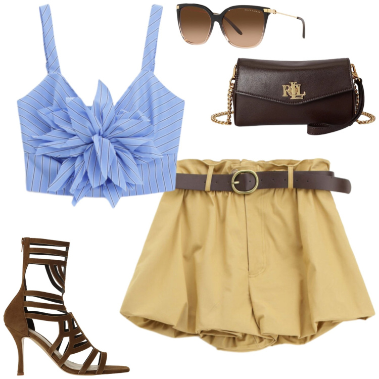 Outfit donna - Aperitivo. Stile Trendy per Serata fuori. Abbinamento con sandali col tacco, top, shorts, occhiali da sole, portafogli.