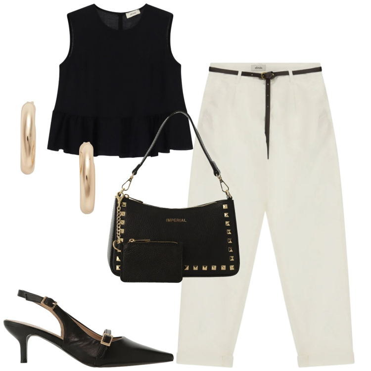 Outfit donna - Tutti i giorno diversa. Stile Minimal per Tutti i giorni. Abbinamento con sandali col tacco, borse a spalla, pantaloni, top, orecchini.
