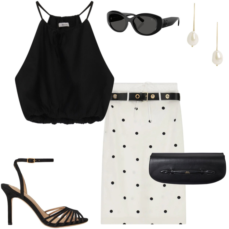 Outfit donna - Sandali protagonisti. Stile Chic per Serata fuori. Abbinamento con gonne longuette, top, occhiali da sole, clutch, sandali col tacco, orecchini.