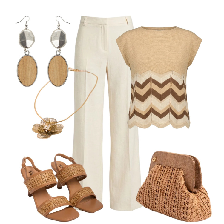 Outfit donna - Serate estive. Stile Glamour per Serata fuori. Abbinamento con t-shirt, clutch, sandali in pelle, pantaloni, ciondoli, orecchini.