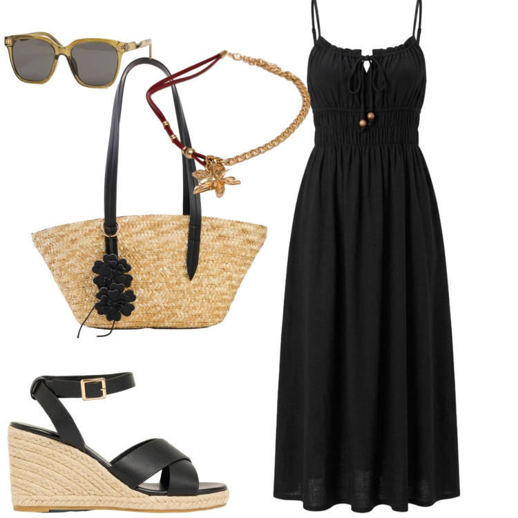 Outfit donna - Giugno. Stile Casual chic per Tutti i giorni. Abbinamento con shopping bag, sandali, vestiti lunghi, collane, occhiali da sole.