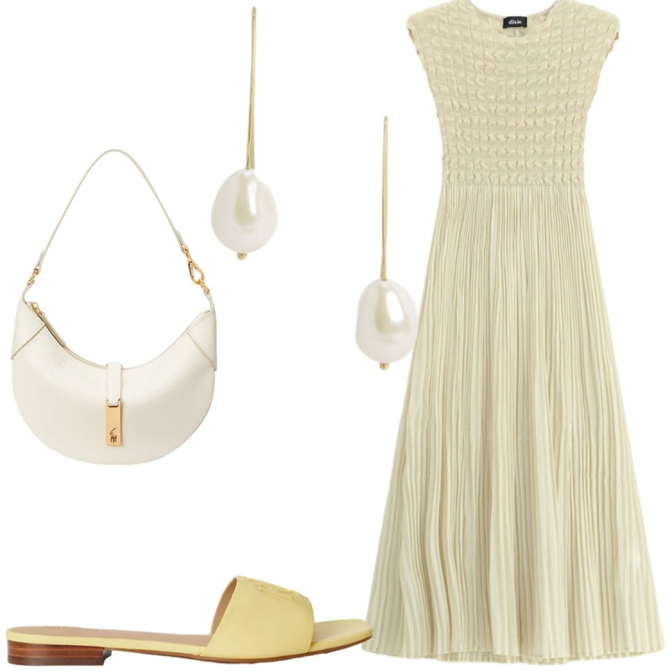 Outfit donna - Sei bellissima. Stile Chic per Serata fuori. Abbinamento con vestiti lunghi, borse a spalla, ciabatte, orecchini.