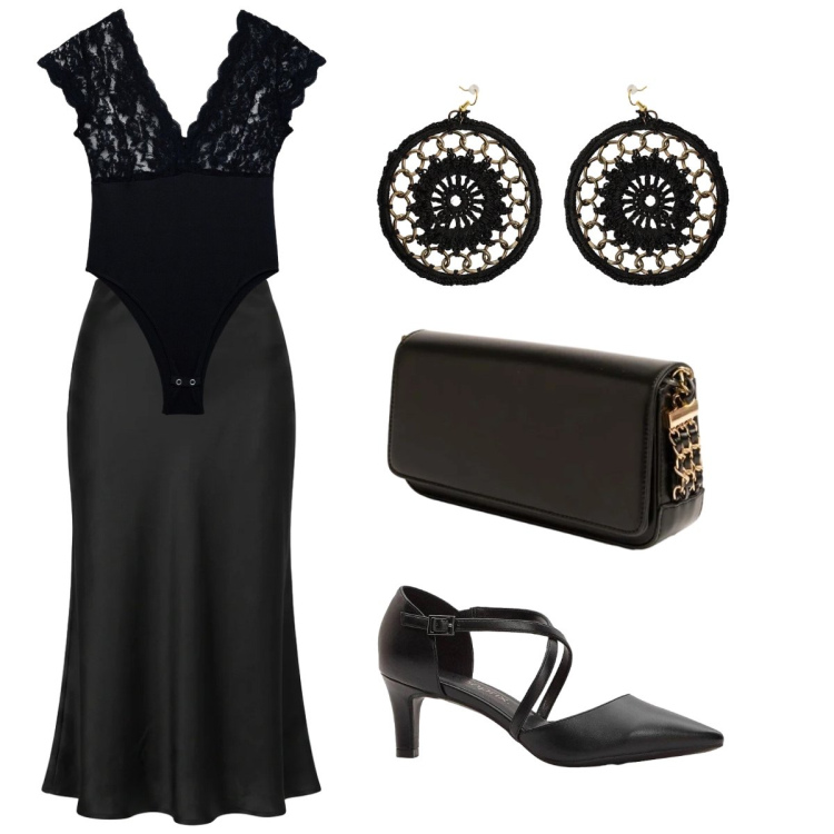 Outfit donna - Una festa alla sera. Abbinamento con décolleté, top, clutch, gonne longuette, orecchini.