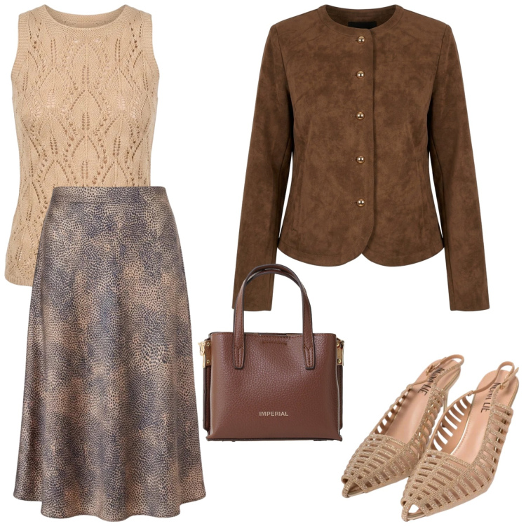 Outfit donna - Colazione di lavoro. Stile Bon Ton per Ufficio. Abbinamento con borse a tracolla, scarpe col tacco, canottiere, blazer, gonne longuette.