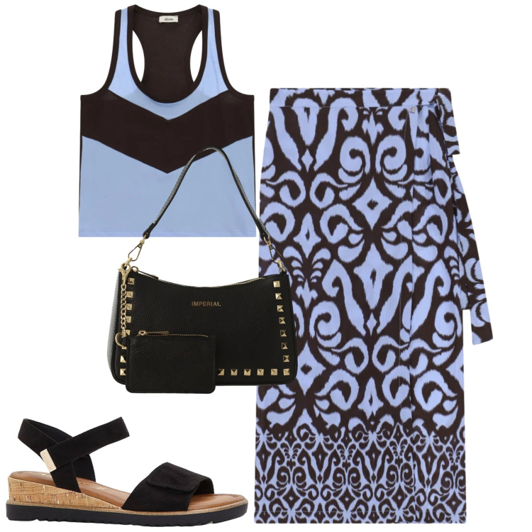 Outfit donna - La gonna a portafoglio. Stile Casual chic per Tutti i giorni. Abbinamento con sandali, borse a spalla, gonne longuette, top.