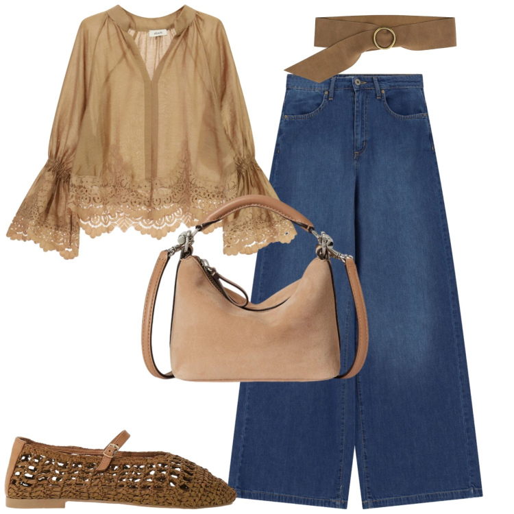 Outfit donna - La blusa romantica sui jeans. Stile Trendy per Tutti i giorni. Abbinamento con borse a spalla, camicie, cinture, ballerine, jeans.